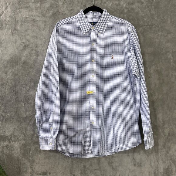 Ralph Lauren Mens Large 100% Cotton Long Sleeve Button Down Blue White Check - Picture 1 of 11
